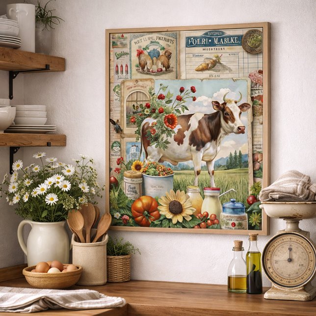 Poster Collage de ferme rustique vintage Vache  (Vintage farm/cow farmhouse wall art )