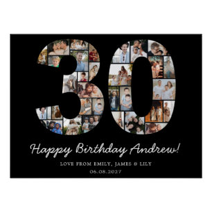 Poster Collage de photos d'anniversaire noir 30 ans Grand