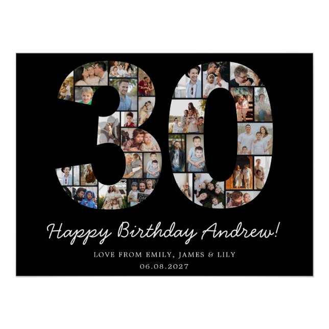 Poster Collage de photos d'anniversaire noir 30 ans Grand (Devant)