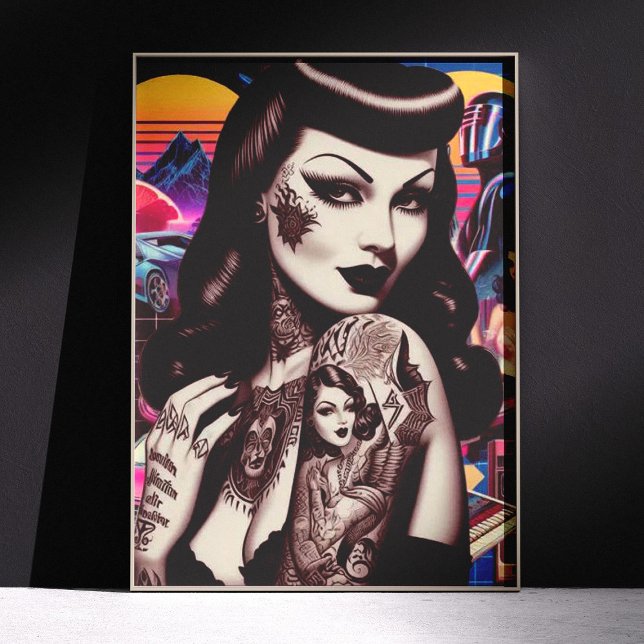 Poster Collage de pin-up tatouée rétrowave (Créateur téléchargé)