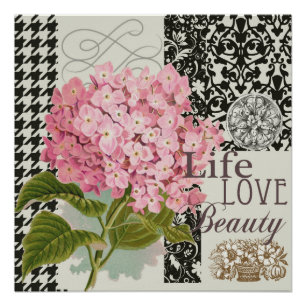 Poster Collage d'hortensia rose chic Art damassé vintage