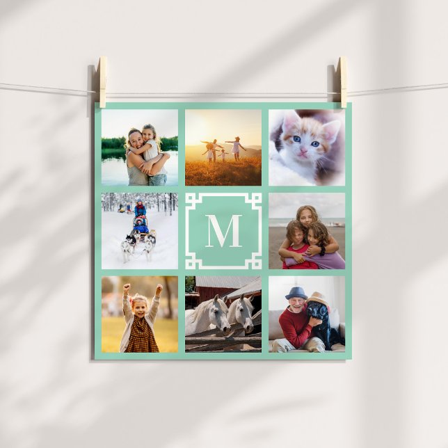 Poster Collage photo de 8 images avec monogramme à clé gr (Light Teal Greek Key Monogram 8 Photo Collage Poster)