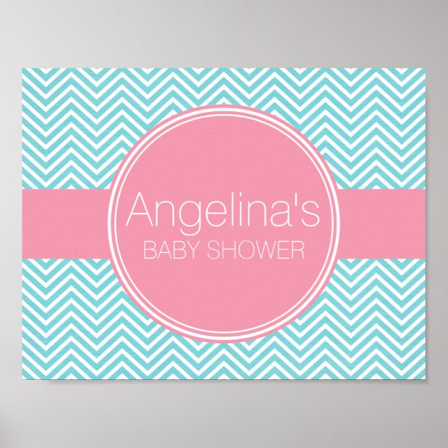 Poster Collection baby shower - Chevrons bleu rose et Aqu (Devant)