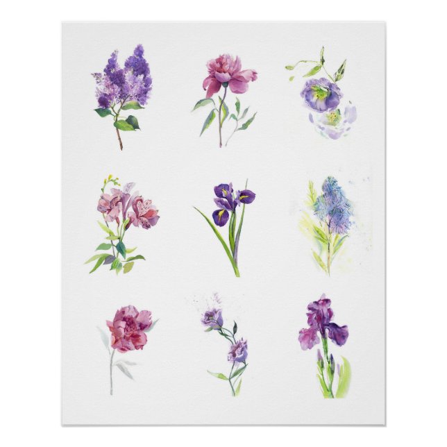Poster Collection de fleurs printanières à l'aquarelle bo (Devant)