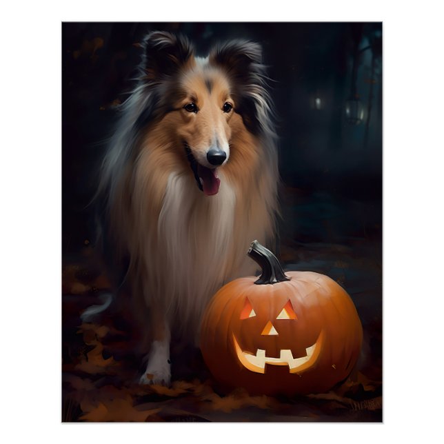 Poster Collie à poil long d'Halloween avec citrouilles ef (Devant)