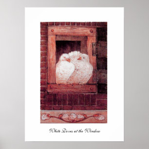 Poster COLOMBES BLANCHES À LA FENÊTRE, anique rouge rose