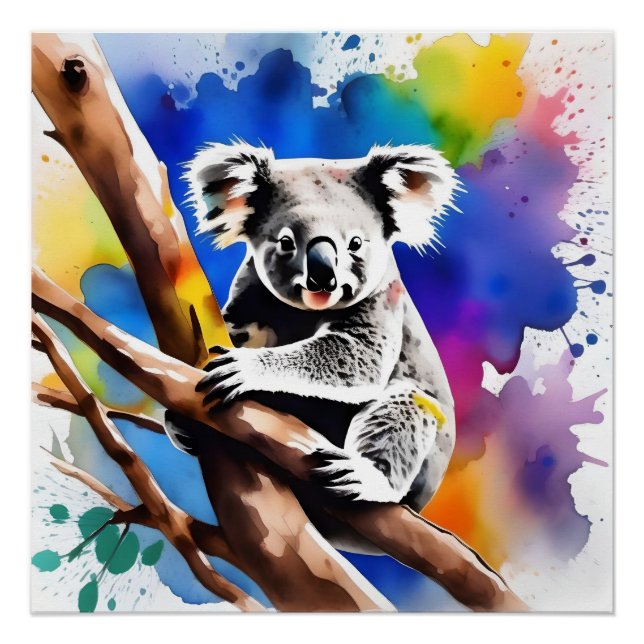 Poster Coloré Koala Bear Aquarelle Splash, (Devant)