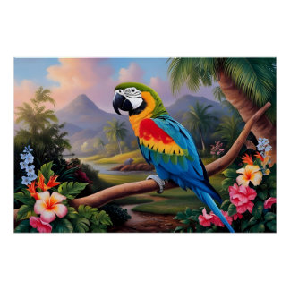 Poster Colorful Exotic Parrot Bird on the Branch 