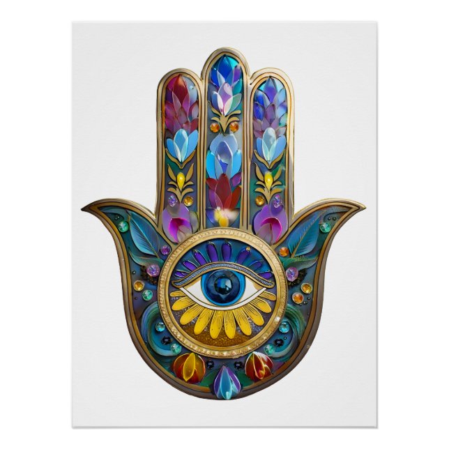 Poster Colorful Petals Leaves Hamsa Sapphire Third Eye (Devant)