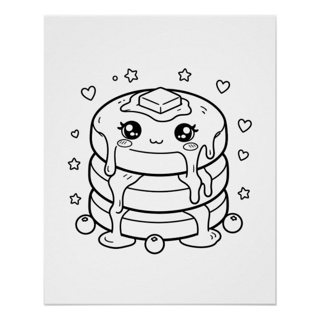Poster Coloriage d'une pile de pancakes kawaii (Devant)