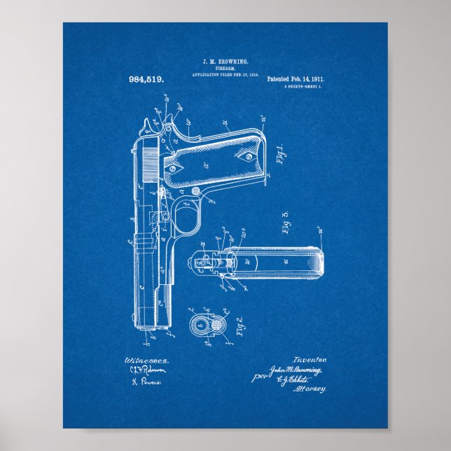 Poster Colt 1911 Brevet d'armes à feu - Plan directeur (Devant)