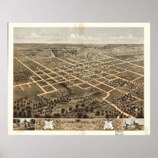 Poster Columbia Missouri 1869 Antique carte panoramique (Devant)