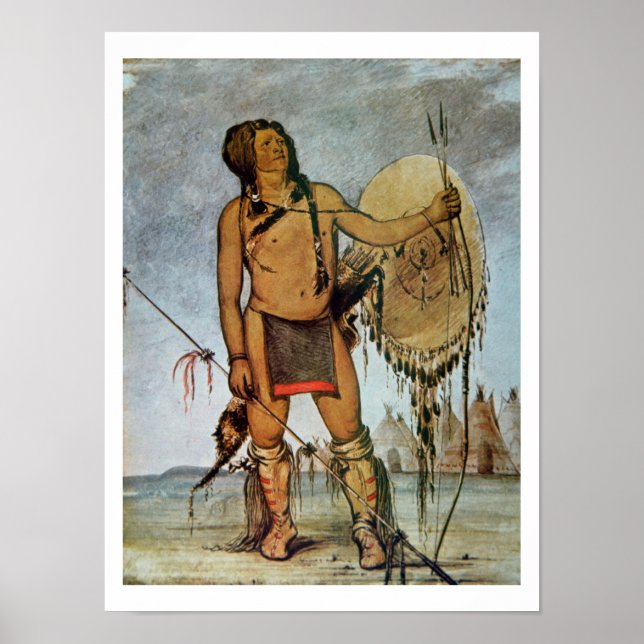 Poster Comanche guerrier avec un bouclier, lance et arc e (Devant)