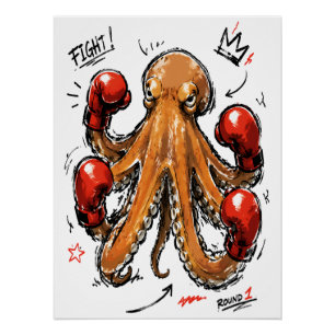 Poster Combat Round 1 Boxeur Pieuvre – Dessin Main Levée 