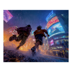 Poster Combattants d'anime Cyberpunk sous la pluie