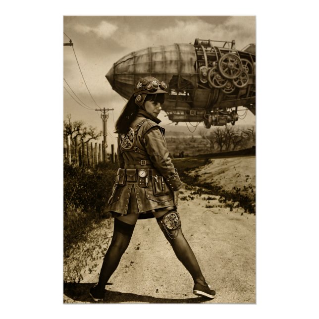 Poster Commandant de dirigeable Steampunk Sépia (Devant)