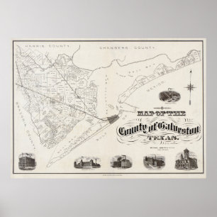 POSTER COMTÉ DE GALVESTON TEXAS MAP 1902