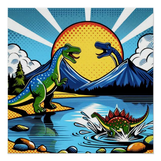 Poster con paisaje de dinosaurios (Devant)