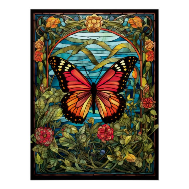 Poster Conception de fenêtre en verre teinté de papillon  (Devant)