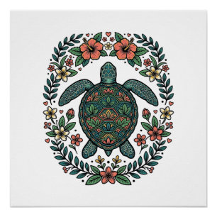 Poster Conception de vecteur floral de tortue de mer vint
