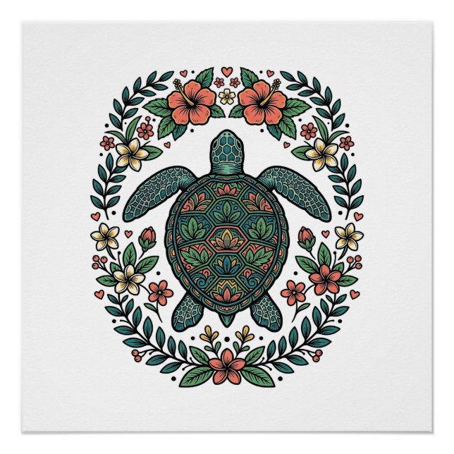 Poster Conception de vecteur floral de tortue de mer vint (Devant)