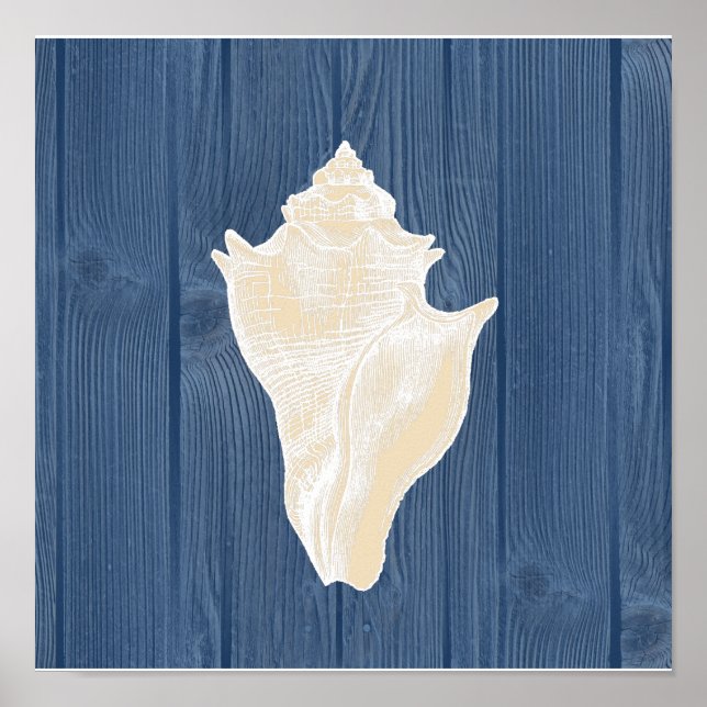Poster Conch Shell Vintage Blue Wood Beach (Devant)