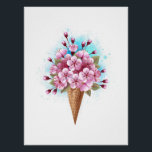 Poster Cône rose Sakura crème glacée gaufre<br><div class="desc">Cône gaufre douce avec fleurs de cerisier japonais rose frais sur arrière - plan blanc avec stries d'aquarelle bleue. Cerise japonaise rose.</div>