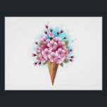 Poster Cône rose Sakura crème glacée gaufre<br><div class="desc">Cône gaufre douce avec fleurs de cerisier japonais rose frais sur arrière - plan blanc avec stries d'aquarelle bleue. Cerise japonaise rose.</div>