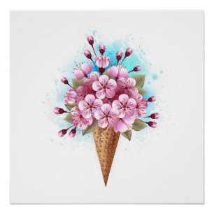Poster Cône rose Sakura crème glacée gaufre