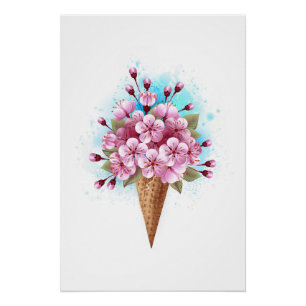 Poster Cône rose Sakura crème glacée gaufre