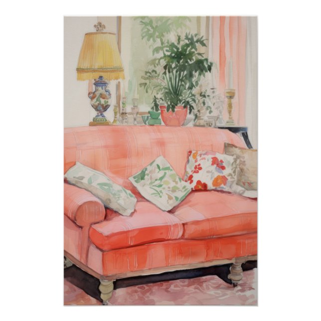Poster Confort Rose – Canapé Rose Aquarelle Salon (Devant)