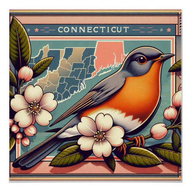 Poster Connecticut American Robin et State Flower Design (Devant)