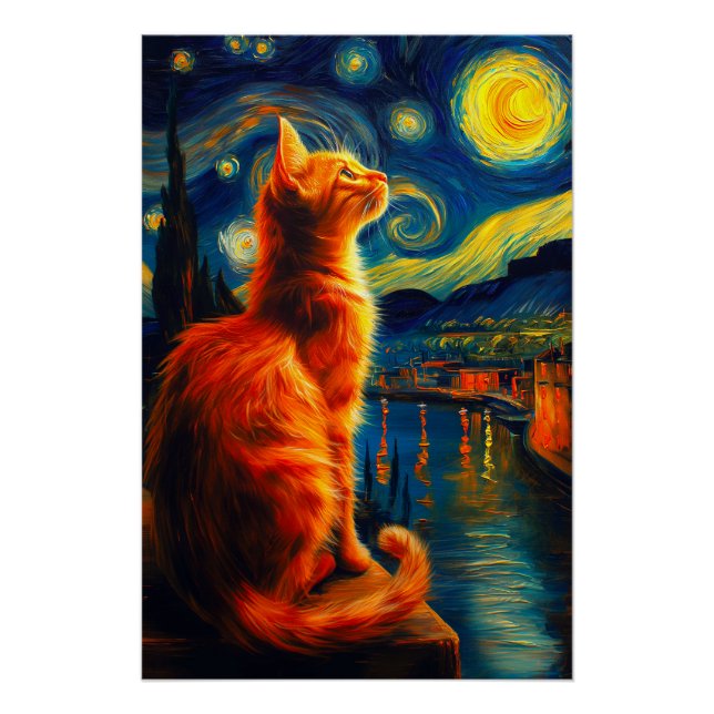 Poster Contemplative Ginger Cat | Starry Night Sky (Devant)
