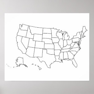 Poster Contour noir et blanc simple de carte des USA
