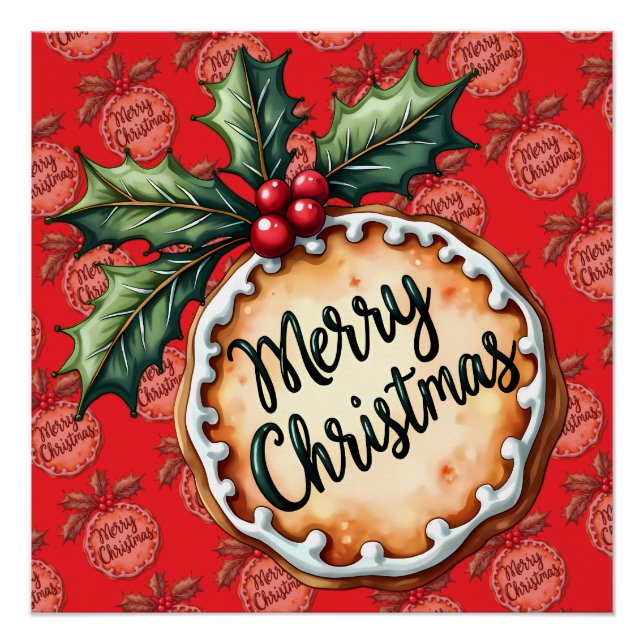 Poster Cookie de Noël avec des baies de houx rouges (Devant)