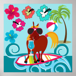 Poster Cool Horse Surfer Dude Summer Fun Beach Party