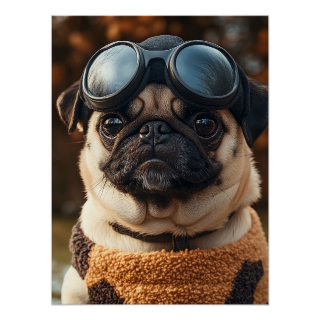 Poster Cool Pug Dog with Aviator Goggles & Cozy Sweater (Devant)