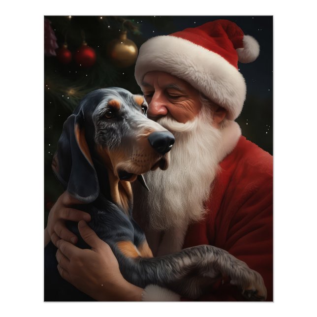 Poster Coonhound Bluetick avec Noël au Père Noël (Devant)