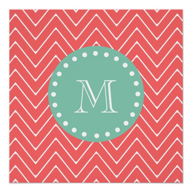 Poster Coral Chevron Motif | Monogramme vert à la menthe (Devant)