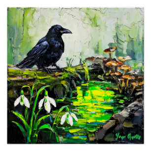 Poster Corbeau noir et peinture à l'huile de ruisseau de 