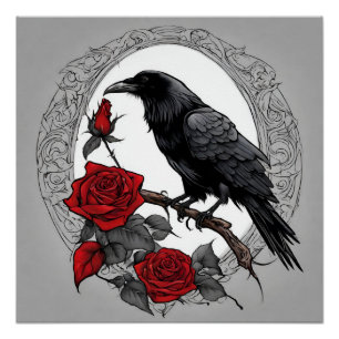 Poster Corbeau noir gothique aux roses rouges