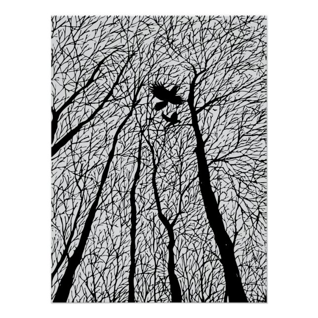 Poster Corbeaux en Silhouette dans les Arbres d'Hiver (Devant)