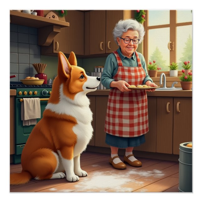 Poster Corgi Baking with Grandma Christmas Painting (Devant)