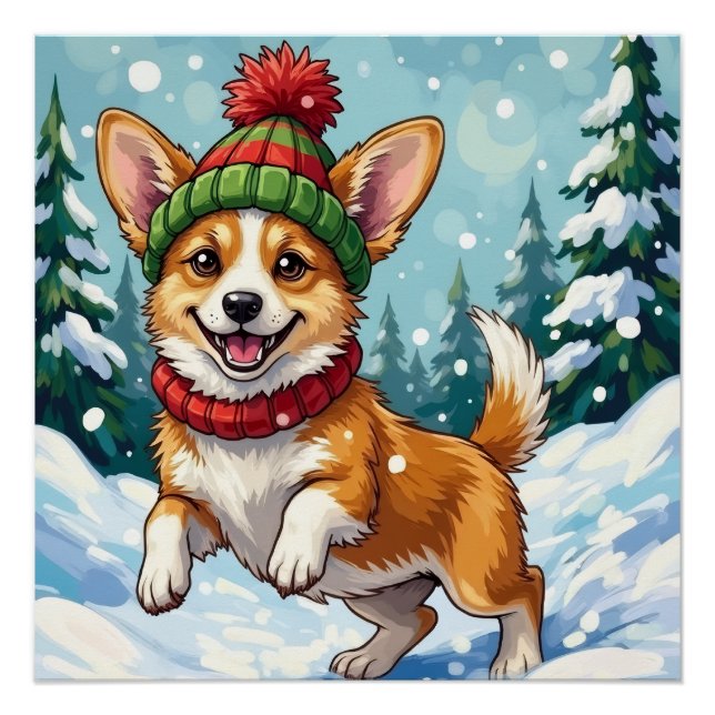 Poster Corgi joyeux bondissant dans la neige avec un pomp (Devant)