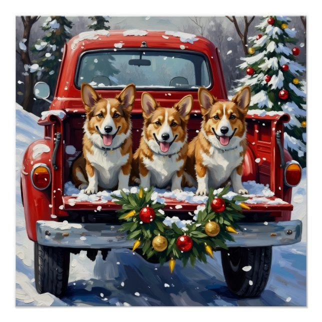 Poster Corgi Noël Camion Rouge Fêtes (Devant)