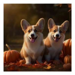 Poster Corgi Puppy Automne Citrouille de plaisir