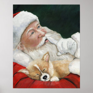 Poster Corgi Puppy et Père Noël Dog Art Print