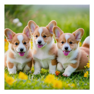 Poster Corgies jouant dans l'herbe
