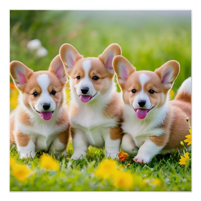Poster Corgies jouant dans l'herbe (Devant)