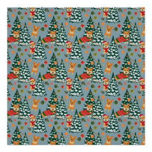 Poster Corgis décorent l'arbre de Noël en forêt